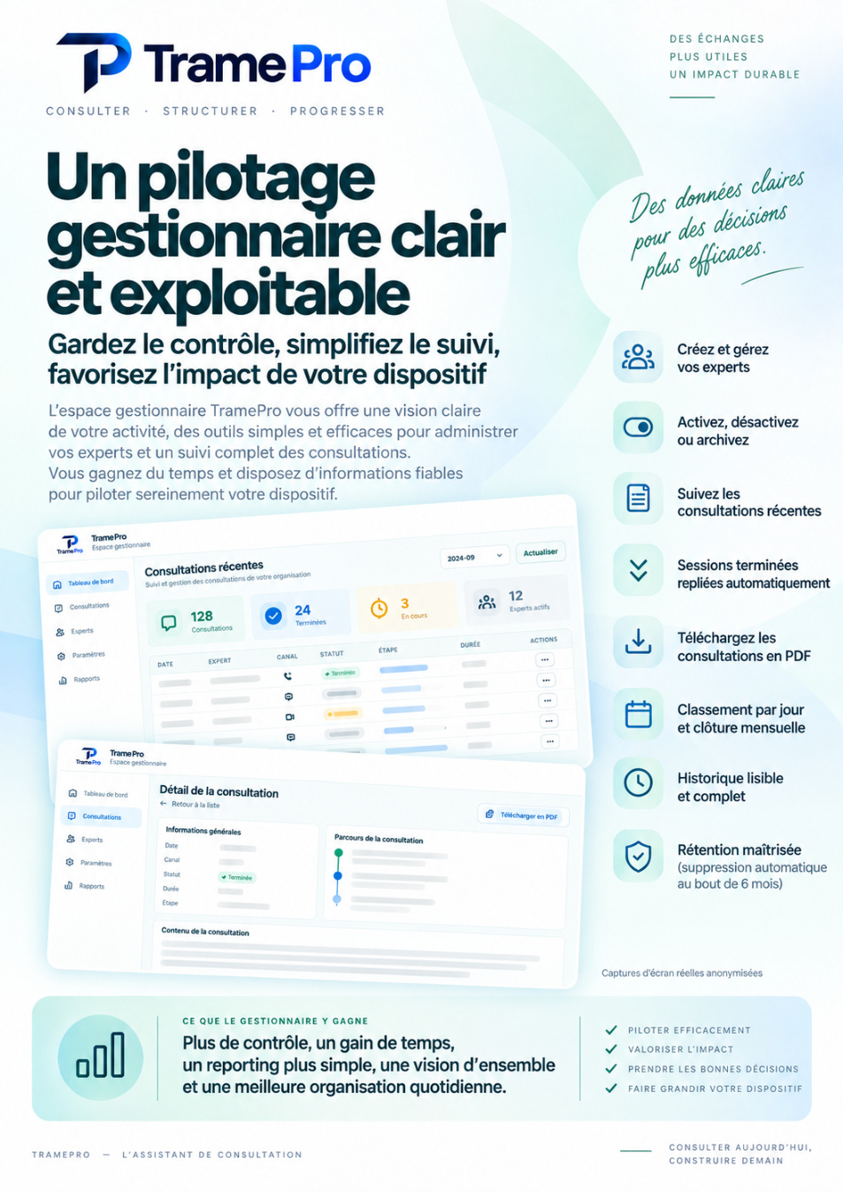 Aperçu anonymisé de l'espace gestionnaire TramePro